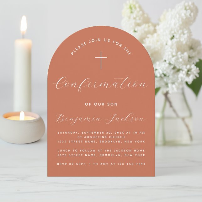 Confirmation Terracotta Arch Modern Script Simple  Invitation (Creator Uploaded)