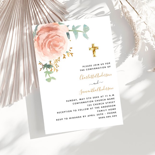 Confirmation twins girls rose floral cross luxury invitation (Creator Uploaded)