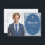 Confirmation Vintage Classic Blue Silver Boy Photo Thank You Card<br><div class="desc">A vintage classic blue and silver religious confirmation Thank You card recommended for a boy. In the left half, there is a placeholder boy photo you must replace. In the right half, there is a vintage faux silver foil frame with a faux silver cross in the upper part and, under...</div>