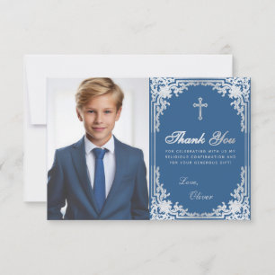 Confirmation Vintage Classic Blue Silver Boy Photo Thank You Card
