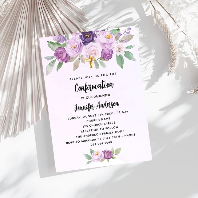 Confirmation violet flowers greenery cross invitation postcard (Creator Uploaded)