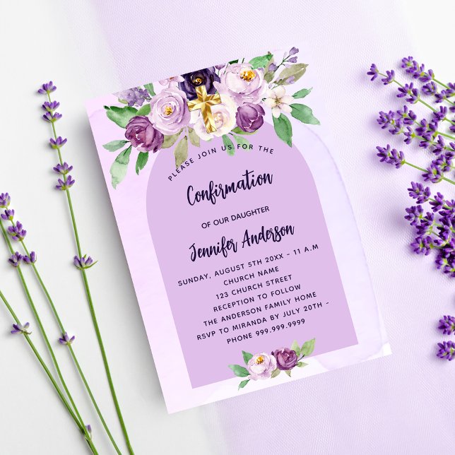 Confirmation violet purple flowers cross luxury invitation (Creator Uploaded)