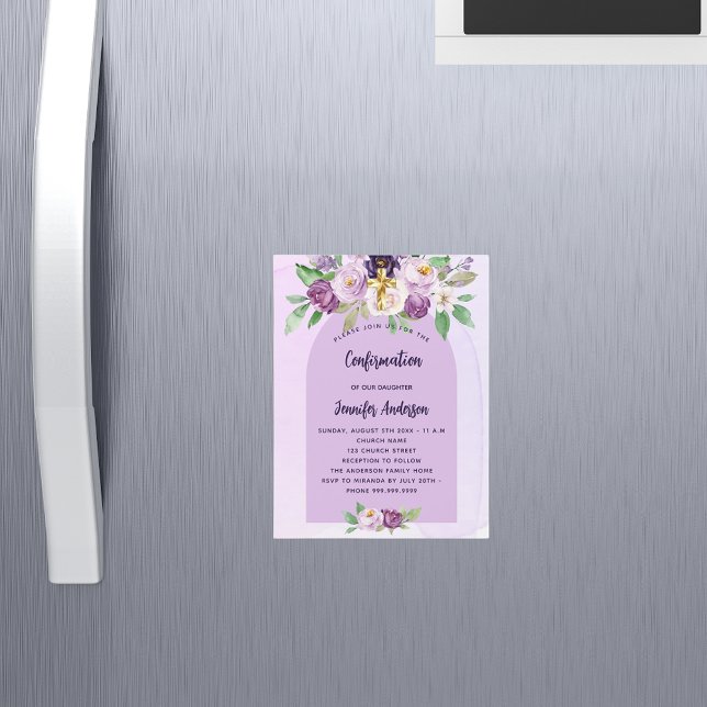 Confirmation violet purple flowers cross luxury magnetic invitation (Creator Uploaded)