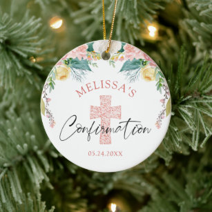 Confirmation Watercolor Floral Blush Pink Cross Ceramic Tree Decoration