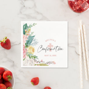 Confirmation Watercolor Floral Blush Pink Cross Napkin