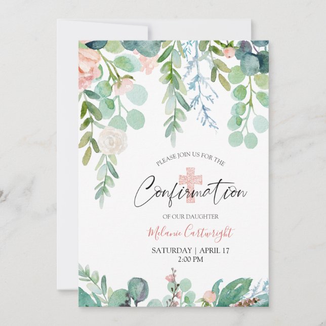Confirmation Watercolor Floral Pink Green Script Invitation (Front)