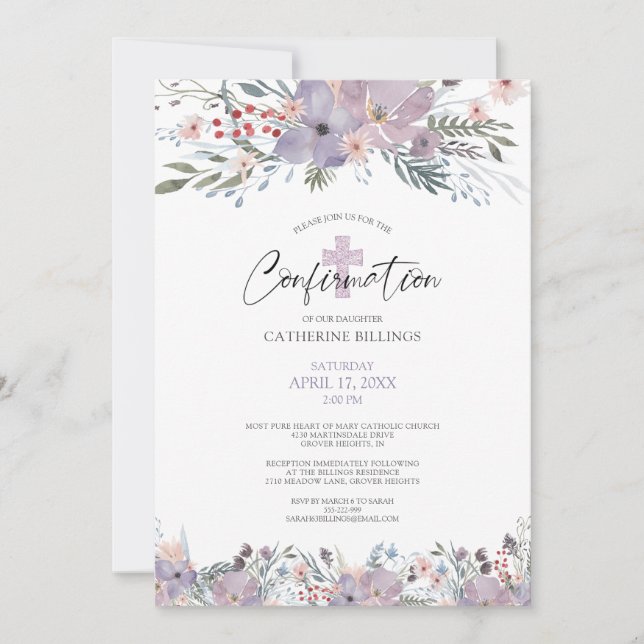 Confirmation Watercolor Floral Wildflowers Purple Invitation (Front)