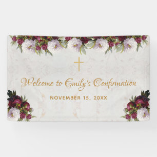 Confirmation Welcome Burgundy Peony Marble Floral Banner