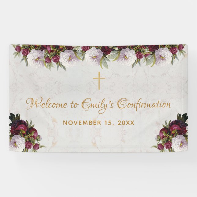 Confirmation Welcome Burgundy Peony Marble Floral Banner (Horizontal)