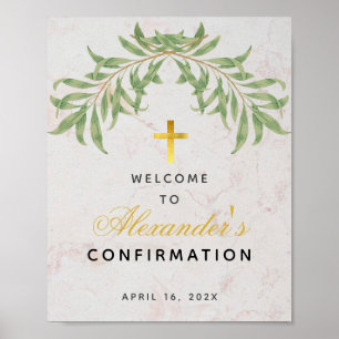 Confirmation Welcome Greenery Gold Cross Marble Poster