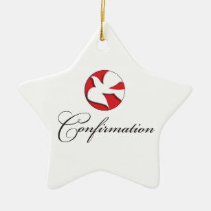 Confirmation White Dove on Red Circle  Ceramic Tree Decoration