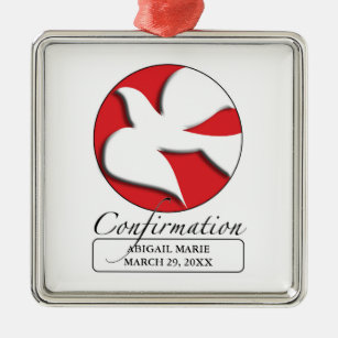 Confirmation White Dove on Red Circle  Metal Tree Decoration