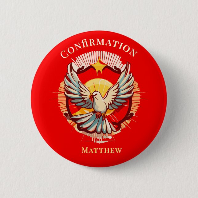 Confirmation White Dove Red Flamed Custom 6 Cm Round Badge (Front)
