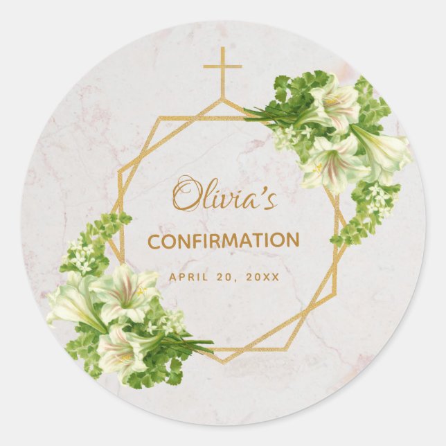 Confirmation White Lilies Marble Gold Cross Floral Classic Round Sticker (Front)
