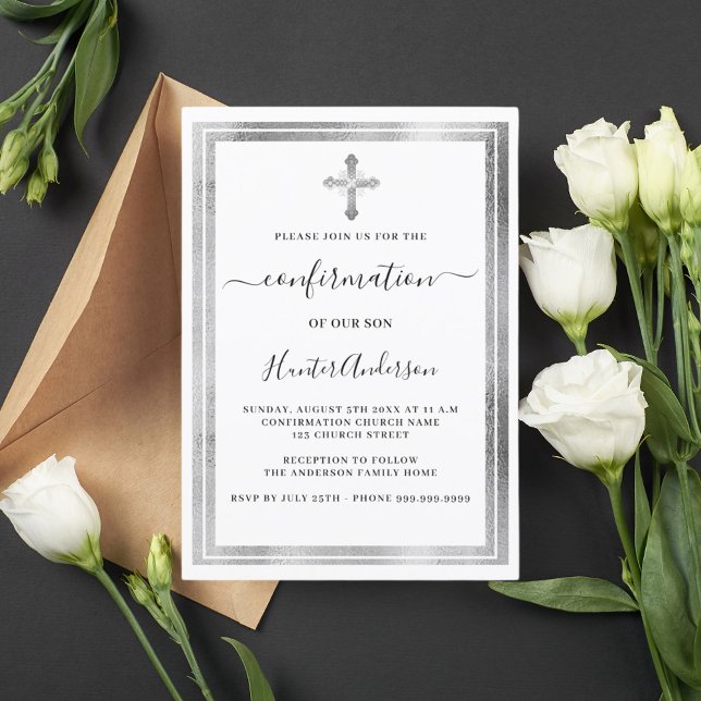 Confirmation white silver cross invitation (Creator Uploaded)
