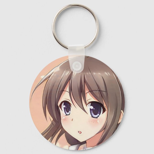 Confused anime girl brown hair blue eyes manga key ring (Front)