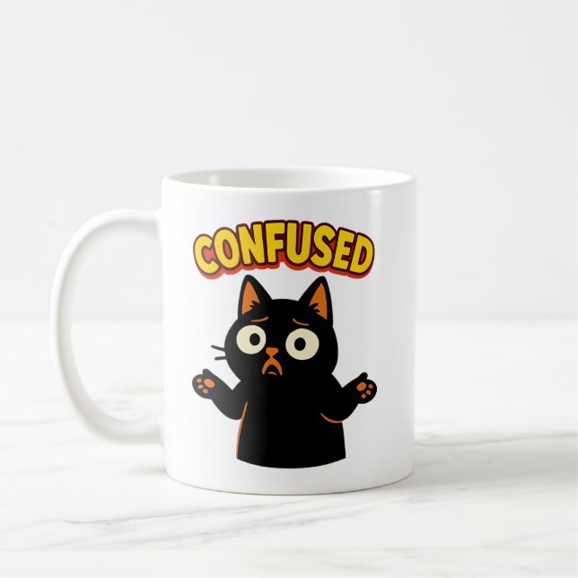 Confused Black Cat Coffee Mug (Left)