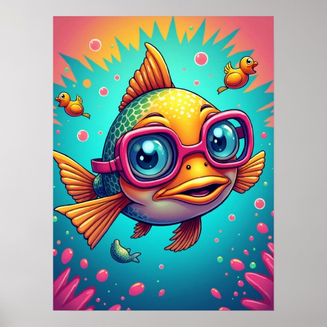 Confused Fish in Swimming Goggles – Funny Pop Art Poster (Front)