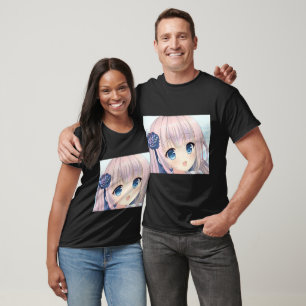 Confused smile anime girl pink hair sea blue eyes T-Shirt