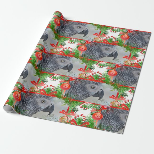 Congo African Grey Parrot Christmas Wrapping Paper (Unrolled)