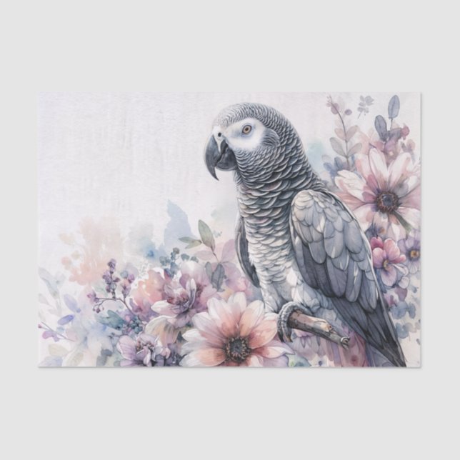 Congo Grey Parrot Floral Watercolor Tissue Paper (Front)