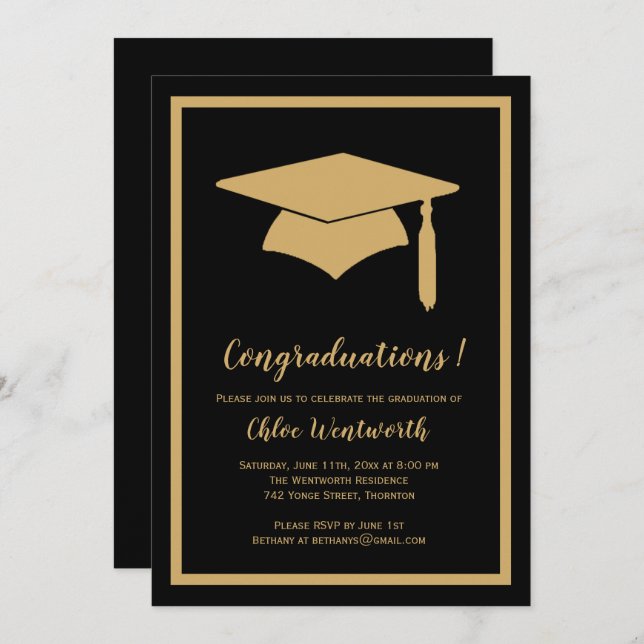 "Congraduations" Faux Gold / Black Grad Invitation (Front/Back)