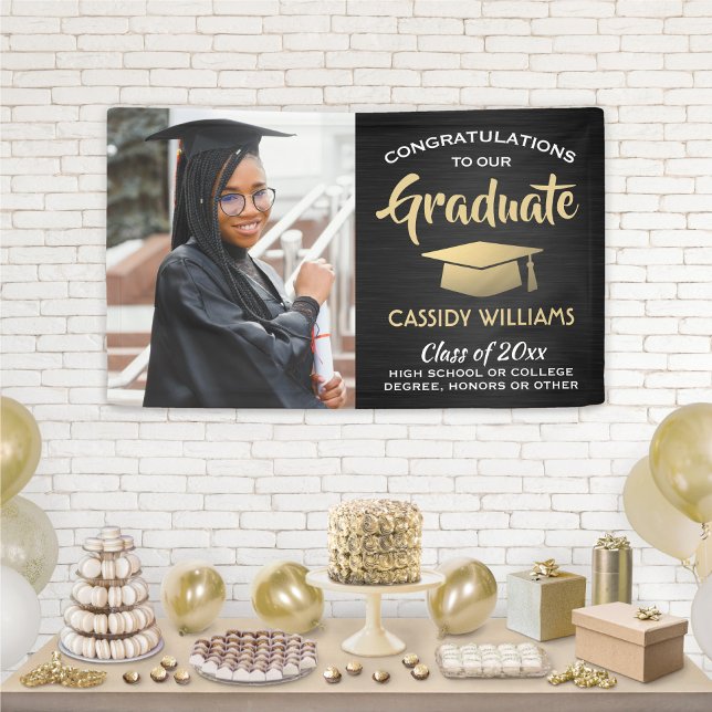 Congrats 1 Photo Brushed Black and Gold Graduation Banner (Creator Uploaded)