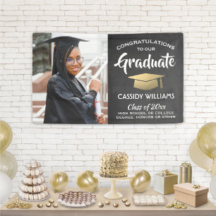 Congrats 1 Photo Chalkboard Black Gold Graduation Banner