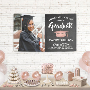 Congrats 1 Photo Chalkboard Pink Black Graduation Banner