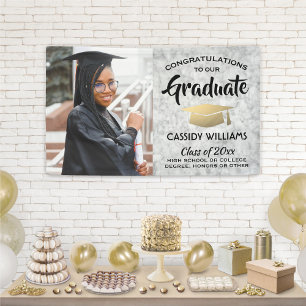 Congrats 1 Photo Marble Black and Gold Graduation Banner