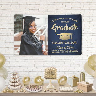 Congrats 1 Photo Navy Blue Gold Modern Graduation Banner