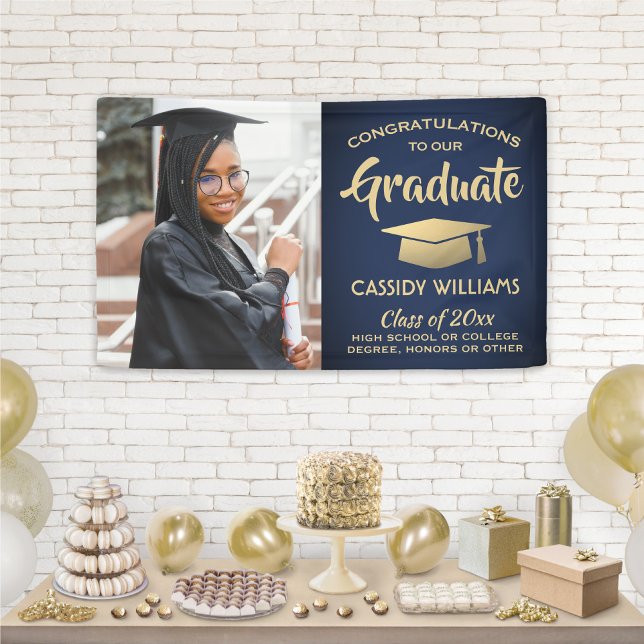 Congrats 1 Photo Navy Blue Gold Modern Graduation Banner (Creator Uploaded)