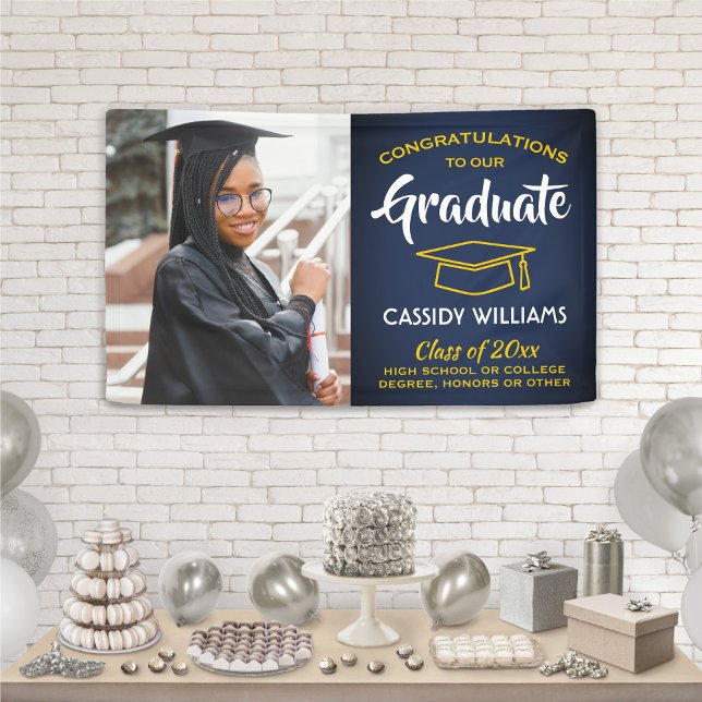 Congrats 1 Photo Navy Blue Gold Yellow Graduation Banner (Creator Uploaded)