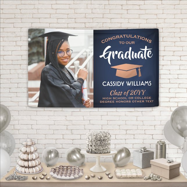 Congrats 1 Photo Navy Blue White Copper Graduation Banner (Creator Uploaded)