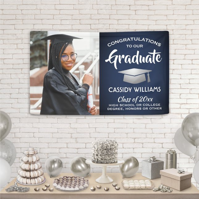 Congrats 1 Photo Navy Blue White Silver Graduation Banner (Creator Uploaded)