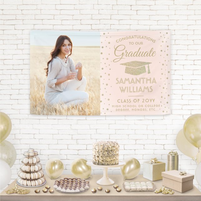 Congrats 1 Photo Pink and Gold Glitter Graduation Banner (Creator Uploaded)