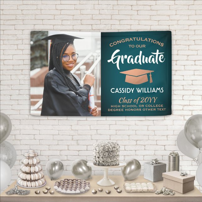 Congrats 1 Photo Teal and Faux Copper Graduation Banner (Creator Uploaded)