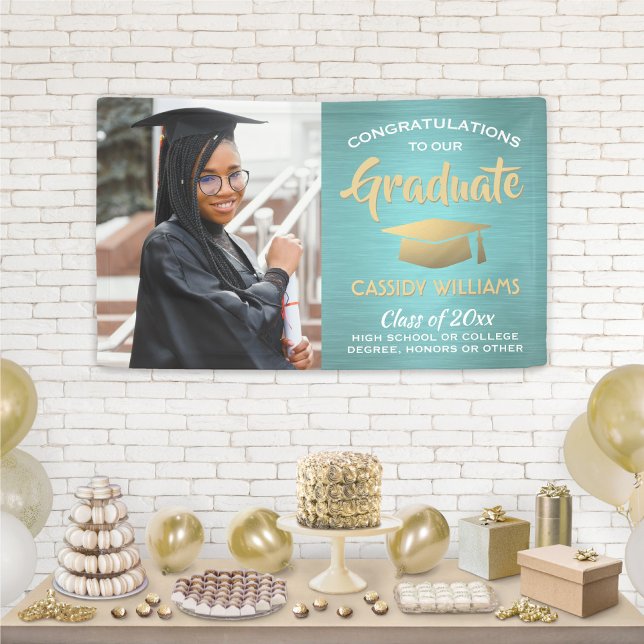 Congrats 1 Photo Teal Blue Gold Modern Graduation Banner (Creator Uploaded)