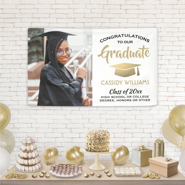 Congrats 1 Photo White Gold and Black Graduation Banner (Creator Uploaded)