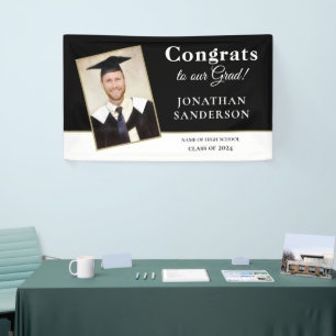 Congrats 2024 Grad Name Photo Black White Gold Banner
