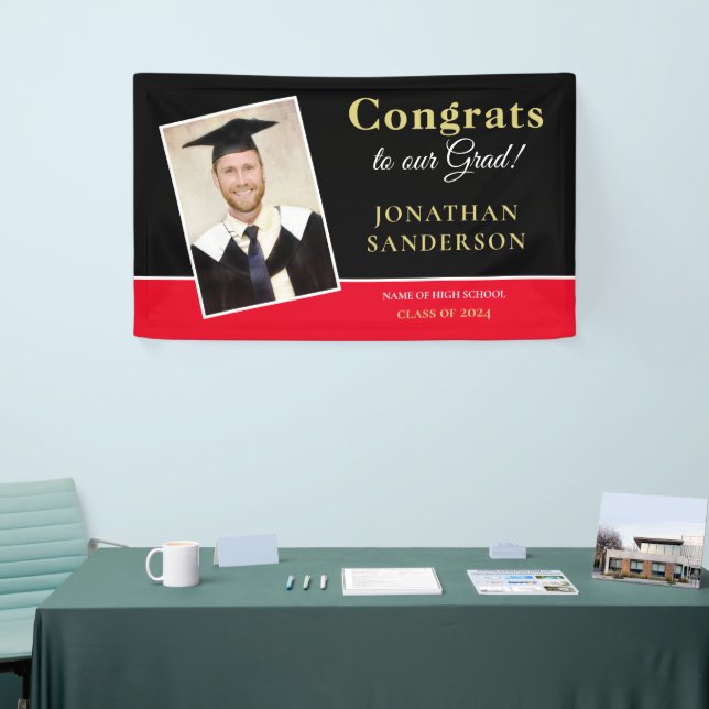 Congrats 2025 Grad Name Photo Gold Black Red Banner (Tradeshow)