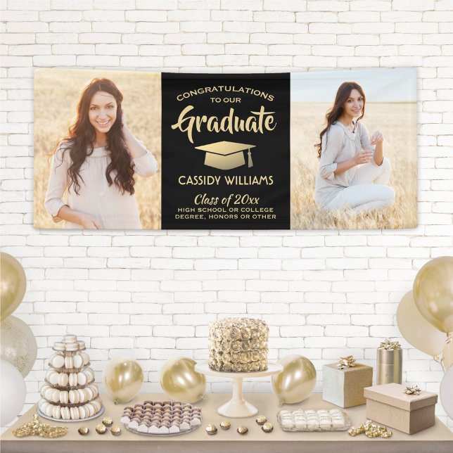 Congrats 2 Photo Black and Gold Modern Graduation Banner (Creator Uploaded)