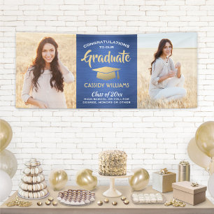 Congrats 2 Photo Blue Gold White Modern Graduation Banner
