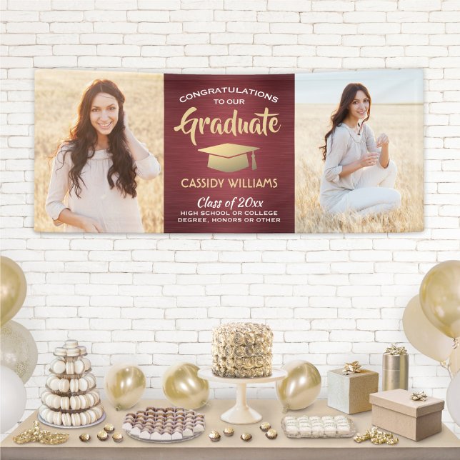 Congrats 2 Photo Burgundy Red and Gold Graduation Banner (Creator Uploaded)