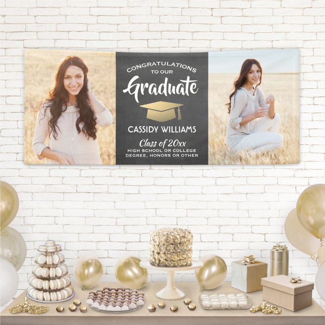 Congrats 2 Photo Chalkboard Black Gold Graduation Banner (Creator Uploaded)