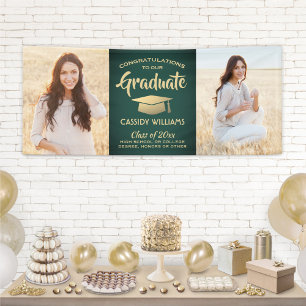 Congrats 2 Photo Green and Gold Modern Graduation Banner