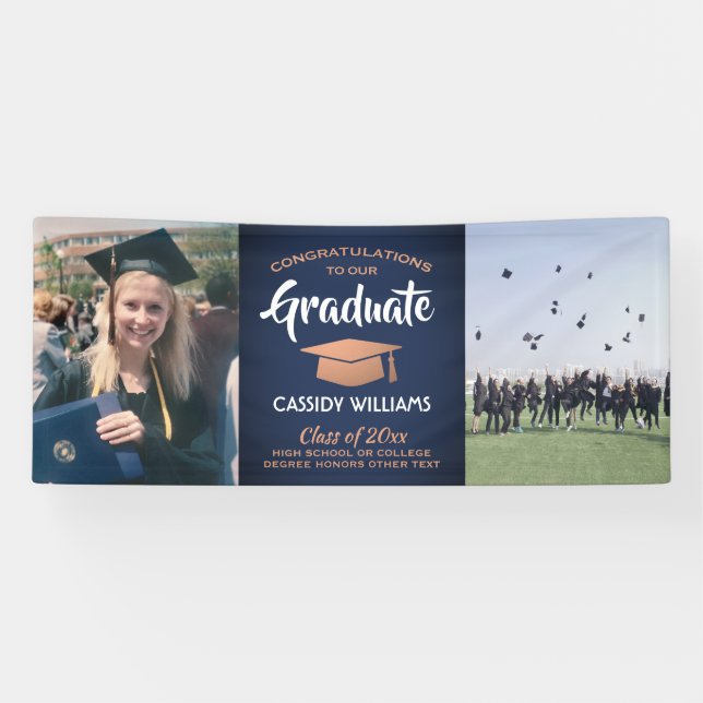 Congrats 2 Photo Navy Blue White Copper Graduation Banner (Horizontal)