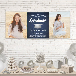 Congrats 2 Photo Navy Blue White Silver Graduation Banner