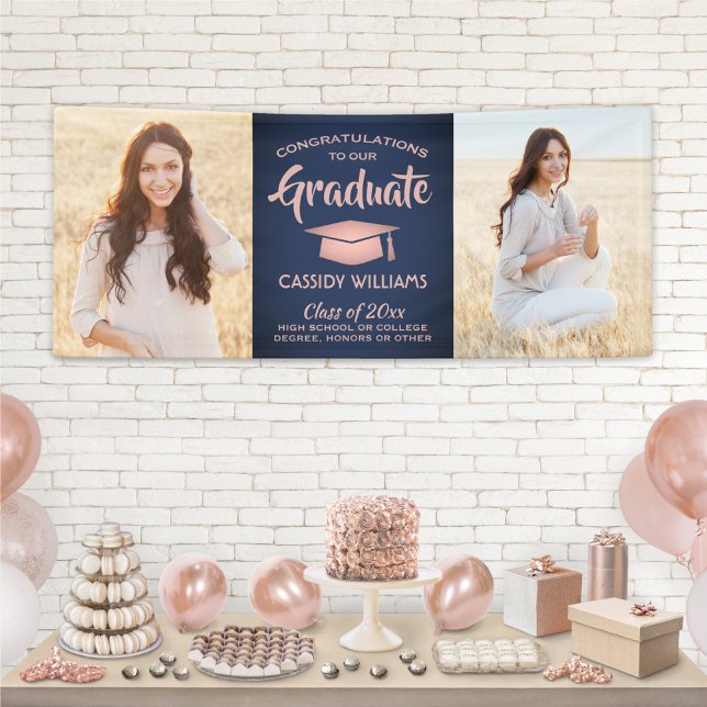 Congrats 2 Photo Navy & Pink Rose Gold Graduation Banner (Creator Uploaded)