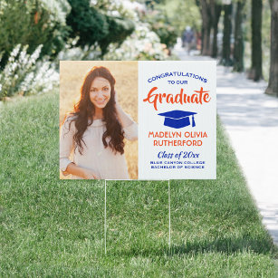 Congrats 2 Photo Orange and Blue Graduation Yard Garden Sign